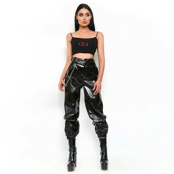 QueenLine High Waist PU Leather Cargo Pants Women Elastic Faux Leather Loose Tie Feet Trousers Female Black Casual Pants Streetwear