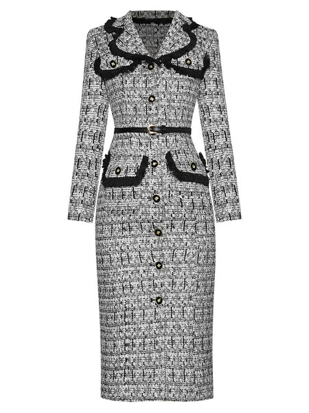 QueenLine  Fashion Designer dress Spring Women Dress Tassel turn-down collar Long sleeve Single-breasted Belt Package hip Dresses