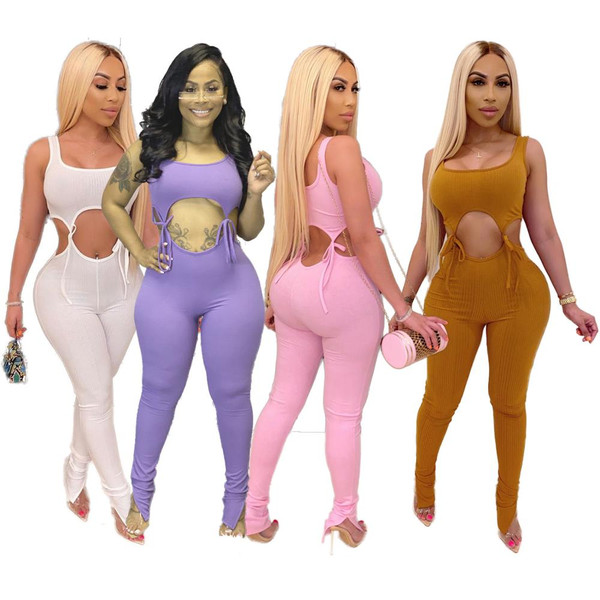 QueenLine Bandage Fitness Women Jumpsuits Rompers Sleeveless Hollow Out Lace Up O-Neck Sexy Night Club Party Bandage One Piece Outfits