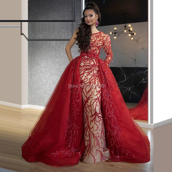 QueenLine  Burgundy Evening Dresses Saudi Arabic Beading Mermaid Prom Party Gowns With Detachable Train Turkish Dubai Women Formal Dress