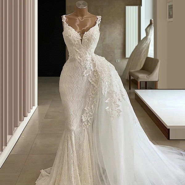 QueenLine  Elegant V Neck Mermaid Wedding Dresses with Detachable Train Lace Applique Beaded Sweep Train Bridal Gowns Custom Made