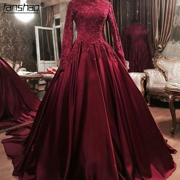 QueenLine  Rosy High Neck Long Sleeves Lace Appliques Beaded Muslim Prom Dress kaftan Women Long Red Evening Dresses