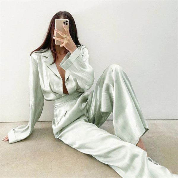 QueenLine  Vintage Two Piece Sets Pearl Green Shirt And High Waist Wide Leg Pants 2 Piece Set Female Elegant Deep V Neck Jumpsuit