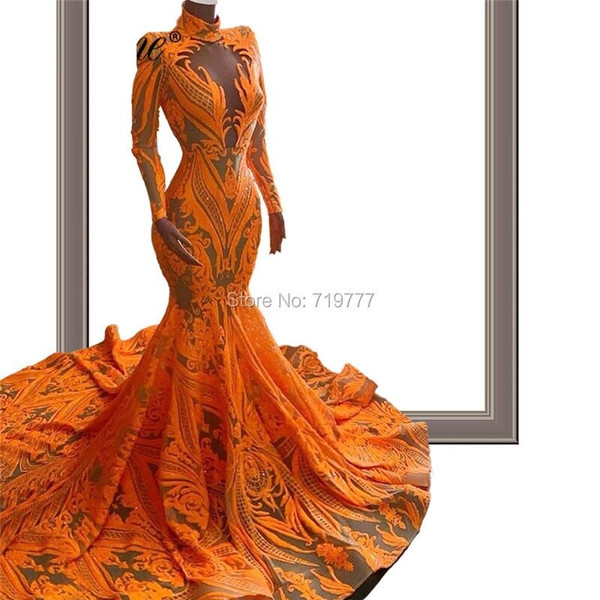 QueenLine Robe Soiree Glitter Slim Mermaid Evening Dresses Couture Caftan Mariage Long Sleeves High Neck Arabic Dubai Party Gowns New