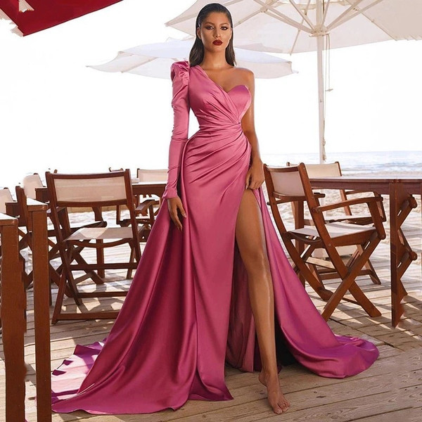 QueenLine Dubai Evening Dresses Satin Mermaid Long One Shoulder Formal Party Gowns For Women Arabic Prom Dress Robe de Soiree  Plus