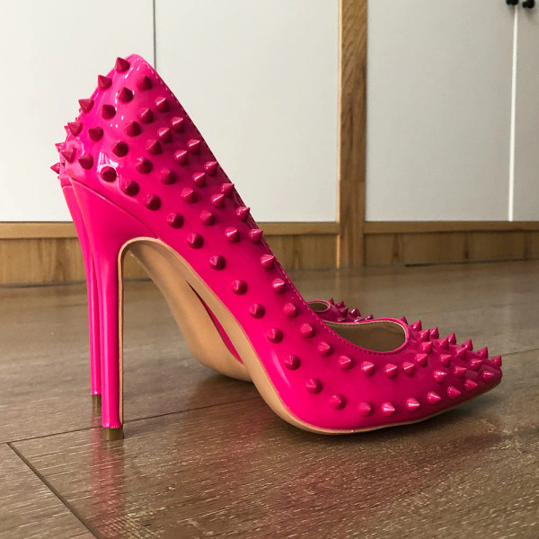 QueenLine Rose Pink Women Sexy Punk Spikes High Heels Italian style Ladies Pointed Toe Rivets Stilettos Pumps Slip on Party Shoes
