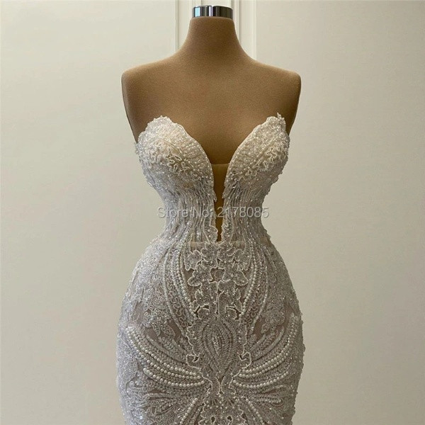 QueenLine Pearls Beading Mermaid Wedding Dresses Ivory Lace Bridal Gowns New Arrival Custom Abaya Dubai Arabic Cheap Wedding Gowns