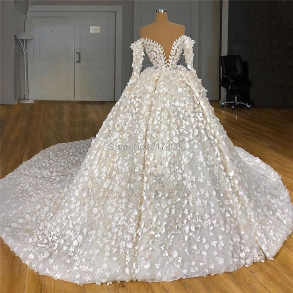 QueenLine Ball Gown Wedding Dresses Couture Long Train Muslim Dubai Wedding Gowns Pearls Bride Dresses Bridal Gowns Robe De Mariee