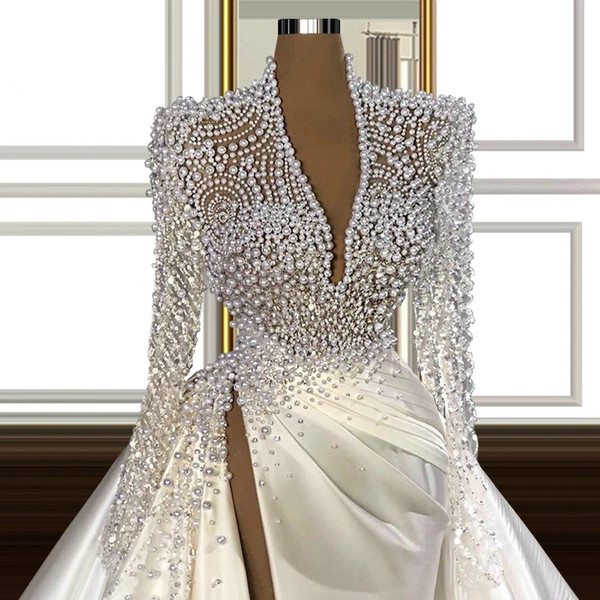 QueenLine Illusion Long Sleeve Pearls Wedding Dresses V Neck Court Train High Split Mermaid Satin Bridal Gowns