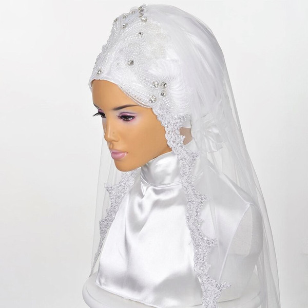QueenLine Muslim White Beading Wedding veil With Stones Lace Long Elegant Dubai Bridal Veils Arabic Wedding Accessories Voile Mariage|Bridal Veils
