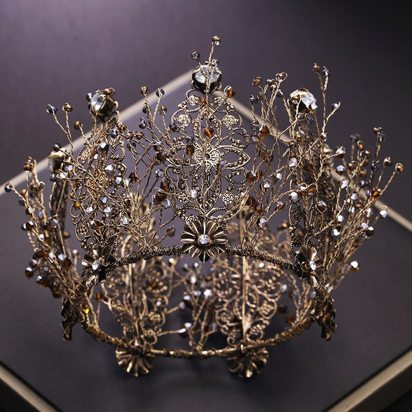 QueenLine bride retro black crystal crown queen round tiara brides wedding jewelry hair accessories|Hair Jewelry