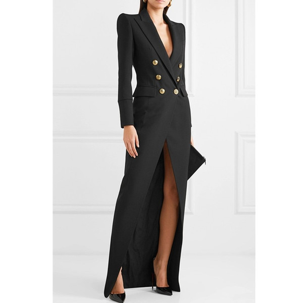 QueenLine Suit Dress For Women Autumn Turn-Down Collar Office Lady Dress Sexy Double-breasted Commute Floor Length XXL Long Dresses