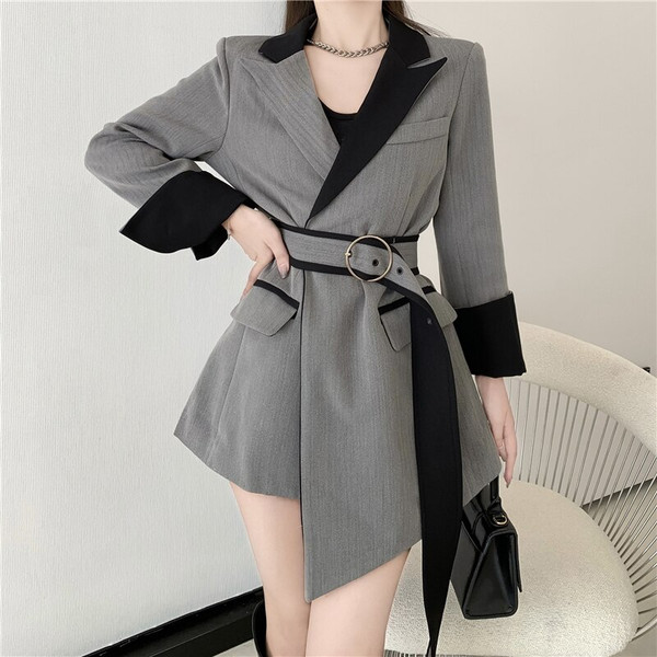 QueenLine Korea Chic Temperament Gray Blazer Women's Autumn 2022 New Notched Loose Lace Up Waist Long Sleeve Suit Jacket Coat Female