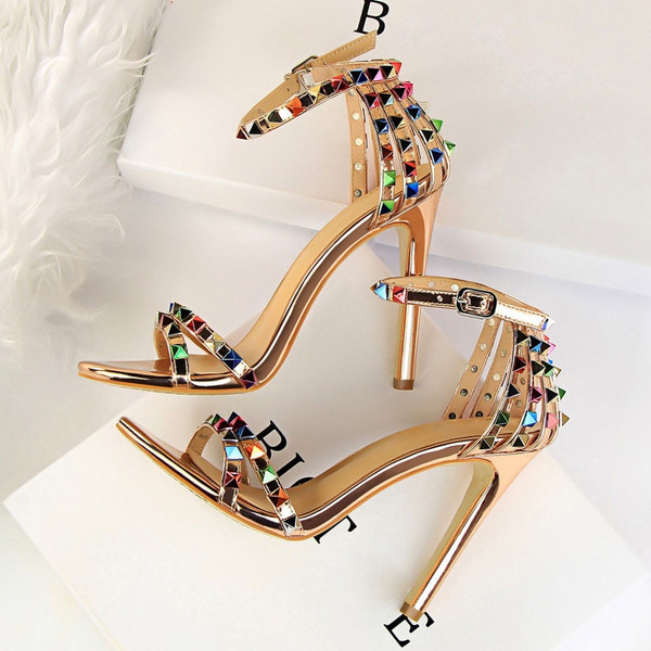 QueenLine 2022 Women 11cm High Heels Rivets Studded Sandals Lady Sandles Stiletto Gladiator Pumps Stripper Summer Fetish Platform Shoes