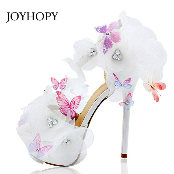 QueenLine White Flower Butterfly Wedding Sandals Crystal Women Peep Toe High Heels Sweet Ladies Platform Ankle Strap Shoes WS1717
