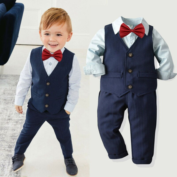 QueenLine 4pcs Kids Baby Clothes Boys Sets Solid Shirts Tops+Vest+Pants Wedding Tuxedo Formal Dressy Suit