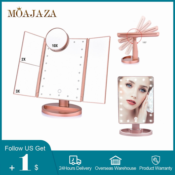 QueenLine 22 LED Light Makeup Mirror 2/3/10X Magnifying Cosmetic 3 Folding Vanity Mirrors 180 Rotation Touch Dimmer Table Mirrors Espejo