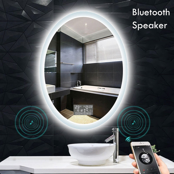 QueenLine Oval Shape Smart Makeup Bathroom Mirror 3 Color Adjustable LED LIght Multifunction With Bluetooth Speaker For Bedroom Decoration