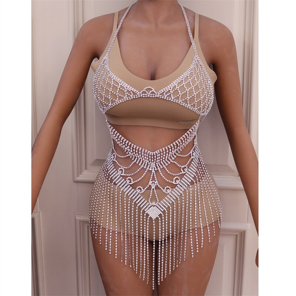 QueenLine Rhinestone Mesh Body Chain Bra Harness for Women Handmade SexyThong Bodysuit Iced Out Lingerine Set