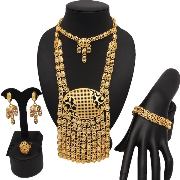QueenLine Gold Plating Jewelry Sets African Bridal Big Jewelry sets Women Necklace Bracelet and Earings