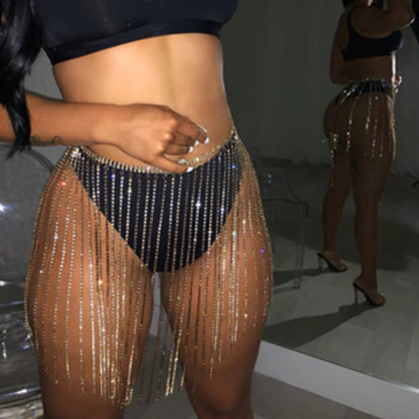 QueenLine Runway Evening Party Glitter Rhinestone Long Tassel Skirts Crystal Diamonds Adjustable Sexy Women Summer Beach Bikini Mini Skirt