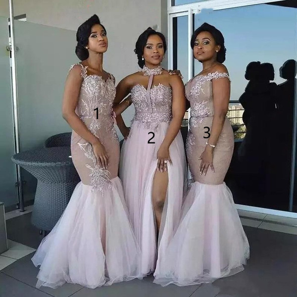 QueenLine 3 Style African Mermaid Pink Bridesmaid Dresses Lace Appliqued Tulle Prom Dresses Wedding Party Gowns For Bridesmaid