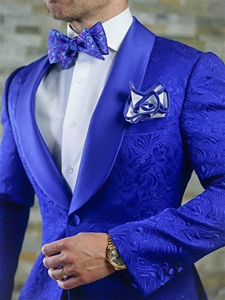 QueenLine New Arrival Royal Blue Floral Men Suits For Wedding Latest Designs Groom Tuxedos Shawl Lapel Suit Men Groomsmen Best Man Blazer