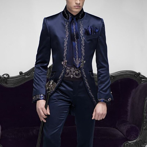 QueenLine Tailor Made Italian Embroidery Navy Blue Men Suits Slim Fit Groom Prom Tuxedo 2 Piece Male Blazer Luxury Brand Jacket+Pant Terno