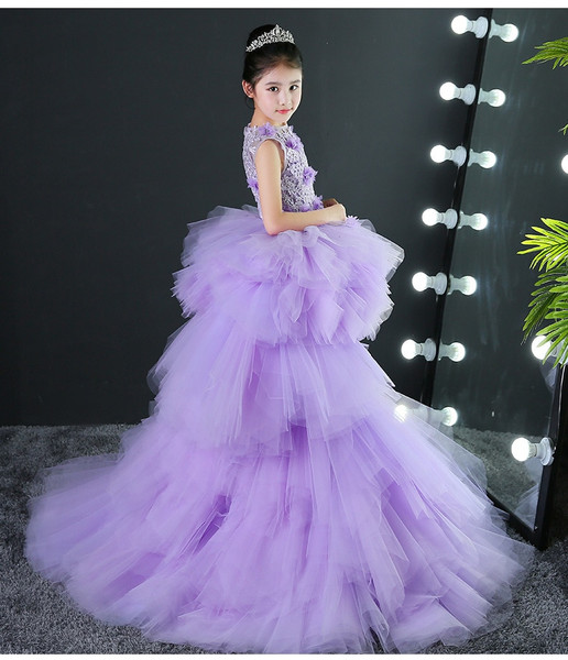 QueenLine Long Trailing Flower Girls Dresses for Wedding Violet Tutu Kids Pageant Dress First Holy Communion Dress Party Prom Dress