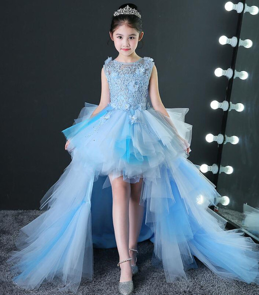 QueenLine Long Trailing Flower Girls Dresses for Wedding Light Blue Kids Pageant Dress First Holy Communion Dress Party Prom Dress