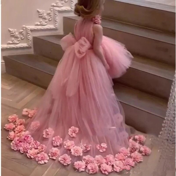 QueenLine Real Image Lovely Flower Girl Dresses For Wedding High-Neck Tulle Floor Length Ball Gown Junior Bridesmaid Dress For Girls