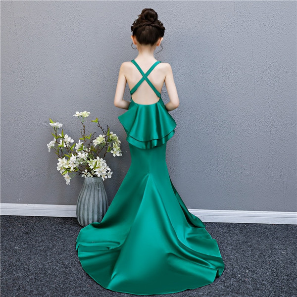 QueenLine Mermaid Princess Dress Backless Long Tailing Hanging Neck Kids Pageant Dress for Birthday Party Halter Bodycon Girl Evening Gown