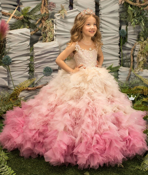QueenLine Princess Ball Gown Flower Girl Dress Beaded Ivory Lace Pink Tulle Ruffle Sheer Neck Girls Pageant Gown Birthday Dress