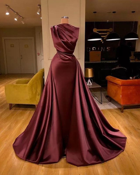 QueenLine Burgundy A-line Satin Evening Prom Dress Arabic Bateau Plus Size Long Formal Party Bridesmaid Dress