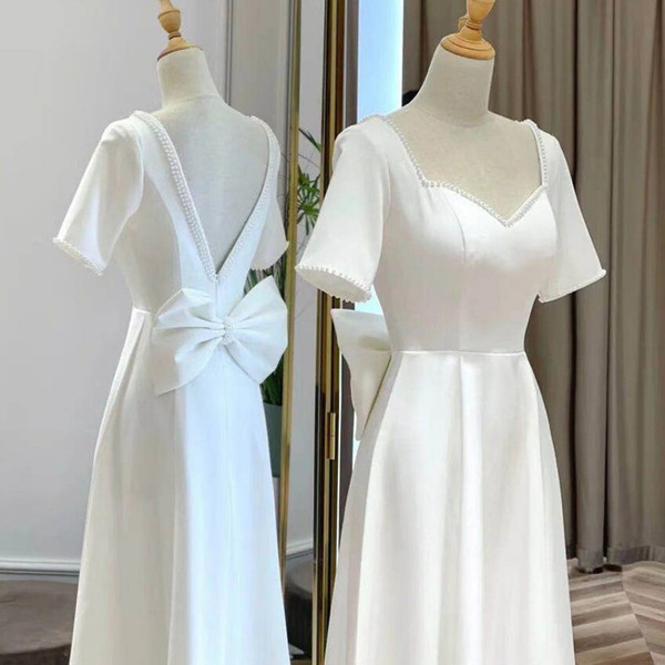 QueenLine New Vintage Wedding Dress Tea length Short Sleeves Pearls Big Bow Backless Bride Reception Dress Simple White Party Gown платье
