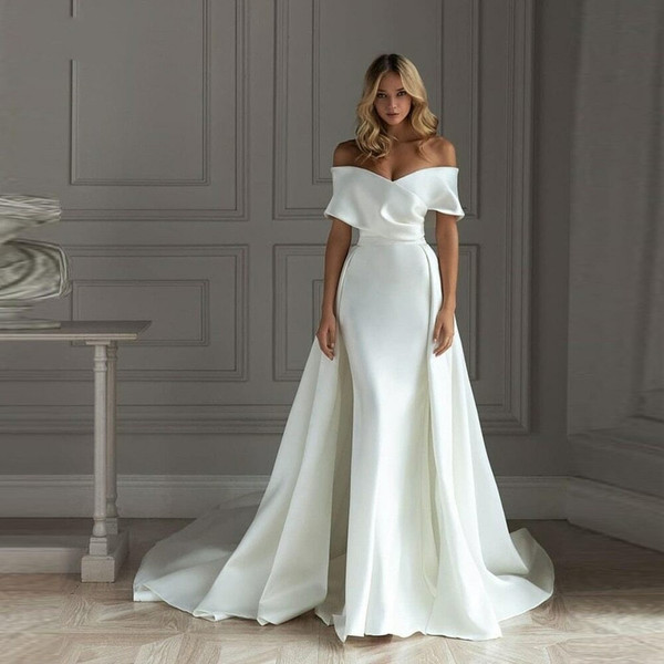 QueenLine Simple Silk Satin Mermaid Wedding Dress With Detachable Overskirt Off the Shoulder Long Bridal Party Gowns Plus Size