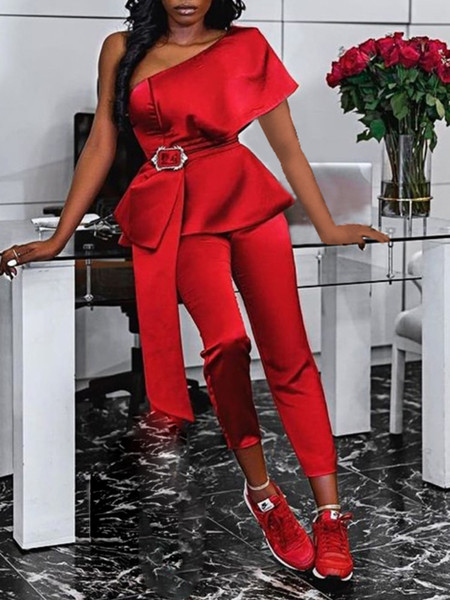 QueenLine Red Jumpsuits for Women Ruffles High Waist with Belt Satin Ribbon One Shoulder Long Sleeves Sexy Fashion Party Evening Bodysuit