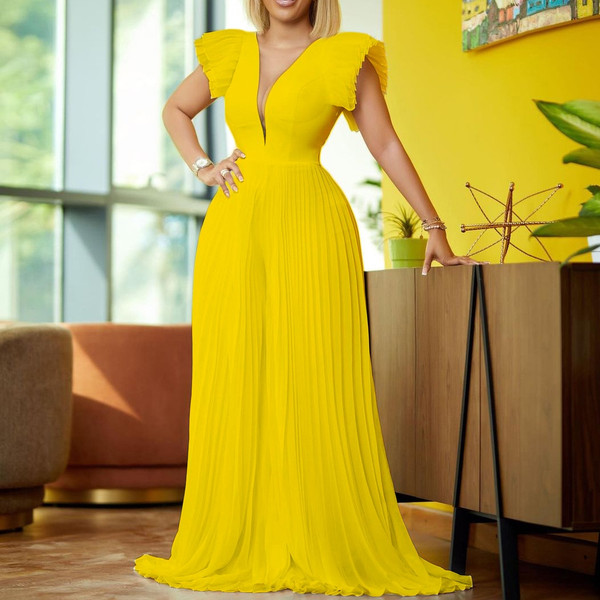 QueenLine Pleated Maxi Jumpsuits Short Fly Sleeve Deep V Neck Fold Wide Leg Playsuits Women Trousers Office Summer Party Evening Overall