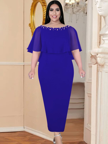 QueenLine Pink Dresses for Women Elegant Cape Sleeve High Waist Beads Long Dress Classy Birthday Evening Cocktail Party Plus Size 4XL 5XL