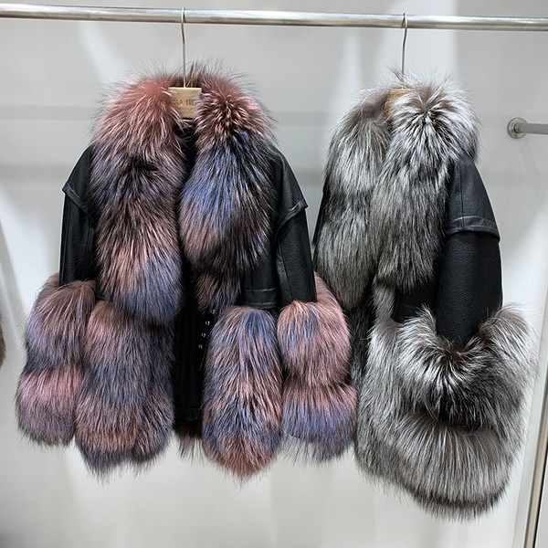 QueenLine Rare Purple Gradient Silver Fox Winter Fox Fur with Sheep Fur Coat Women's Large Version
