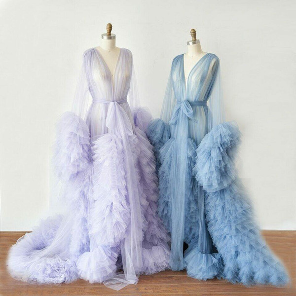 QueenLine Maternity Robes Women Long Tulle Bathrobe Dresses Photo Shoot Birthday Sexy Bridal Fluffy Party Sleepwear Custom Made Gown 2021