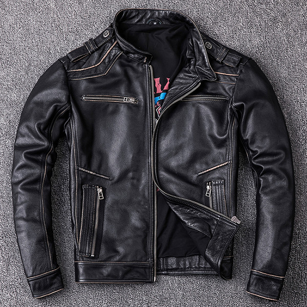 QueenLine Distressed Leather Jacket Men Vintage Motorcycle Jackets 100% Natural Cowhide Men's Motorbiker Coat Autumn Asian Size M202