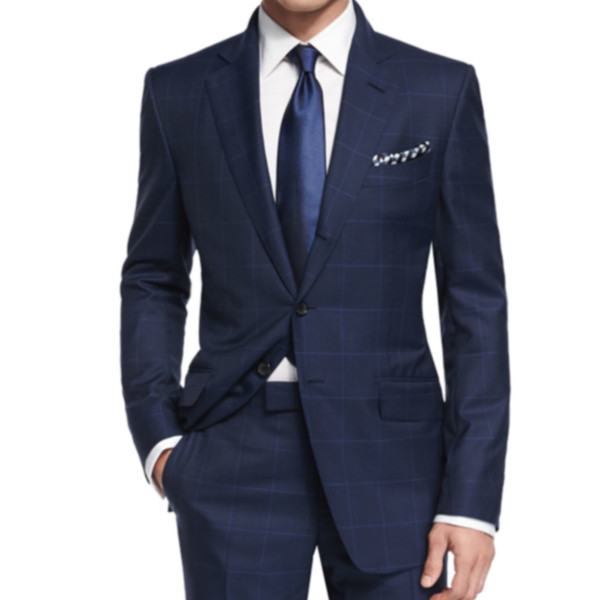 QueenLine Luxury Navy Plaid Suit Men Custom Made Wool Blend Business Suits With Bemberg Lining,Bespoke Tailore Casual Windowpane Blue Suit