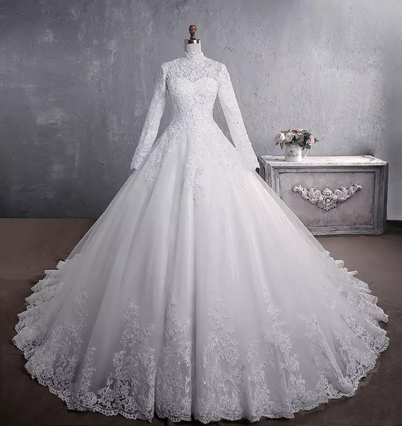 QueenLine White/Ivory A-Line Long Sleeves Wedding Dress Lace Appliques Beading Sequins Bride Dresses High Neck Elegant Wedding Gowns