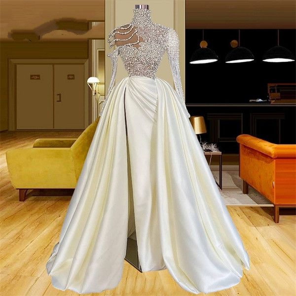 QueenLine Pearls Ball Gown Long Sleeves Prom Party Dresses Plus Size Puffy Split Side Satin Elegant Beading Evening Gowns Robe