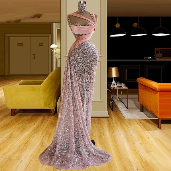 QueenLine Pink Sequins Long Party Dresses Cut-out Design  Sexy Prom Dress High Neck Celebrity Dresses Evening Gowns Robes