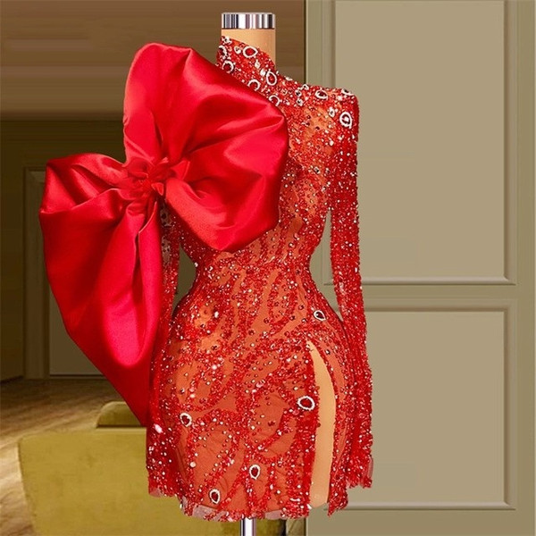 QueenLine New 5 Designs Short Red Cocktail Dresses Women Evening Gown Crystal Long Sleeve Big Bow Party Dress Beads Prom Dress