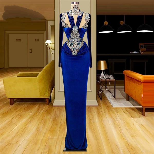 QueenLine Velvet Royal Blue Long Sleeves Evening Dresses Cut-out Design Crystals Rhinestones Dubai Arabic Celebrity Party Dresses