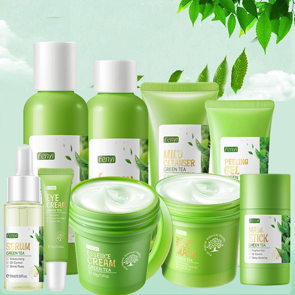 QueenLine Green Tea Facial Kits Moisturizing Oil Control Face Cream Acne Sreum Exfoliating Gel Firming Nourish Eye Cream Beauty Care Set
