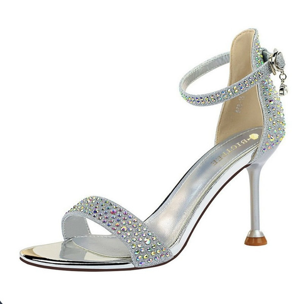 QueenLine 8.5CM Sexy Banquet High Heels Stiletto Shallow Mouth Women's Shoes with Open Toe Rhinestones and Women's Sandals DS